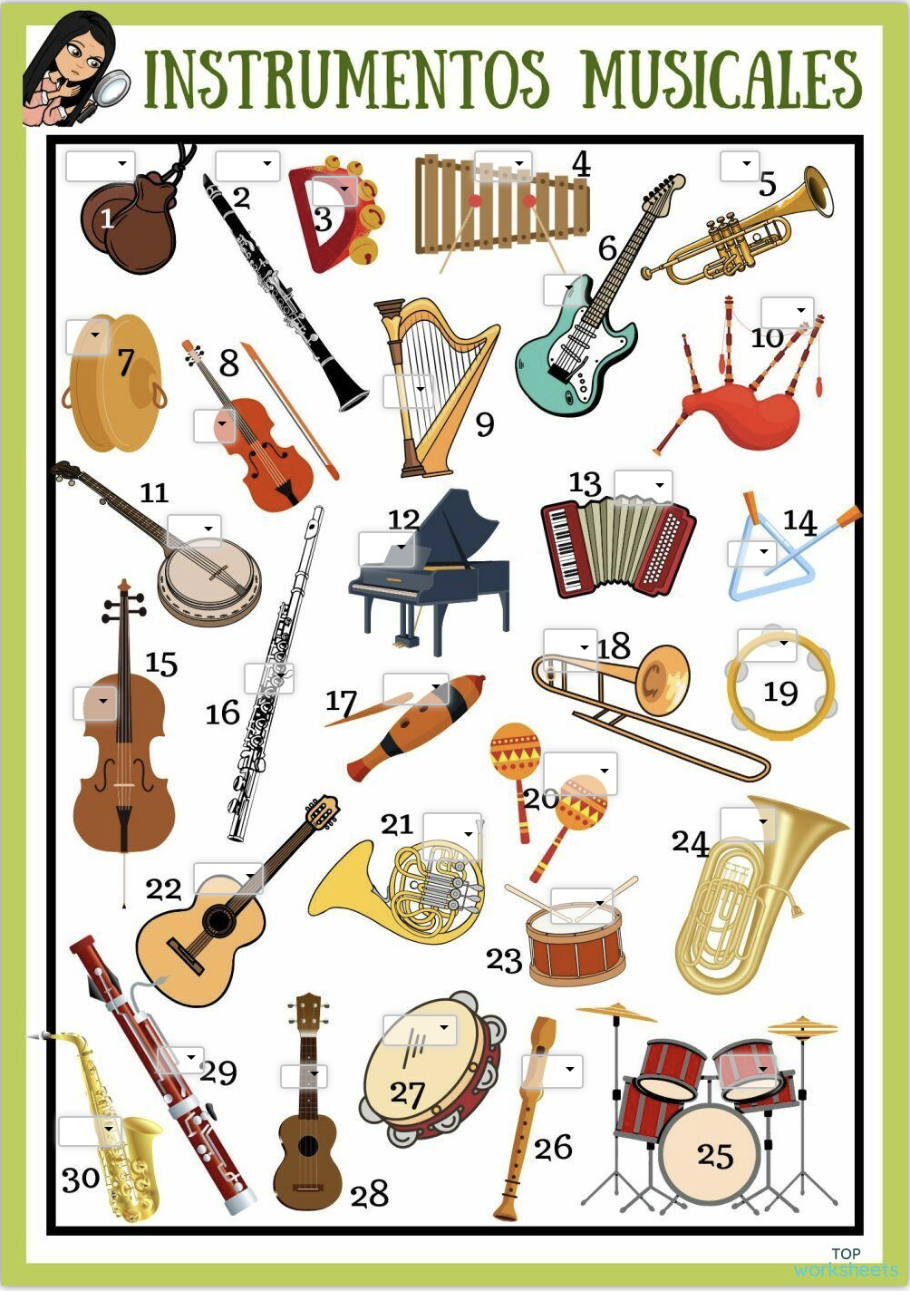 4 fichas TopWorksheets sobre instrumentos musicales - CLASE